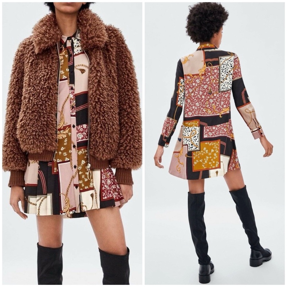 Zara Multicolor Patchwork Long Sleeve Shirt Mini Dress Size S